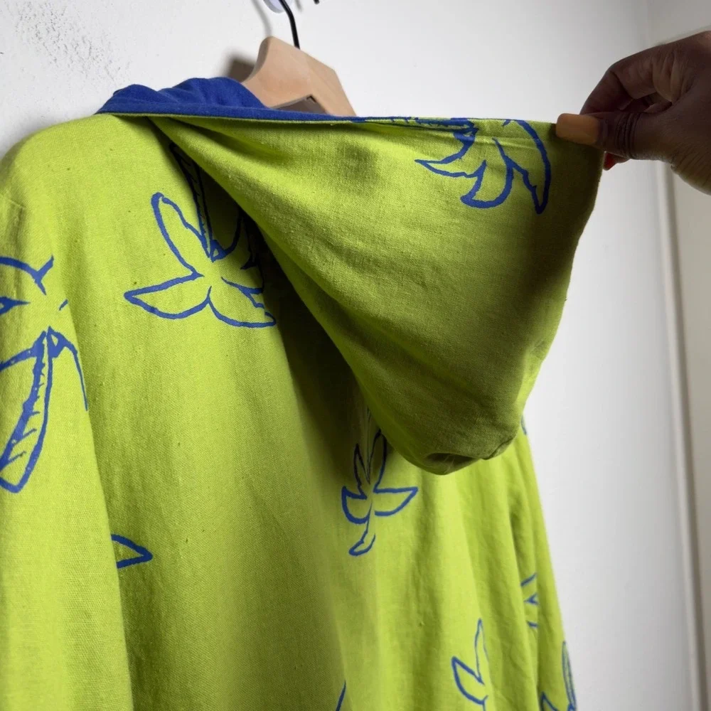 Women Silk Linen Zip Up Hoodie Large Lime Green Palm Tree Tropical Jacket Resort